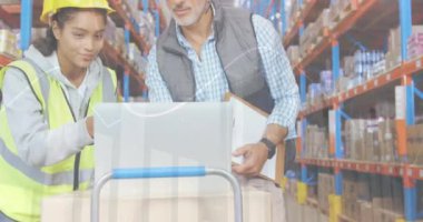 Depoda çalışan insanların veri işleme animasyonları. küresel sevkiyat, dağıtım ve bağlantılar konsepti dijital olarak oluşturulmuş video.