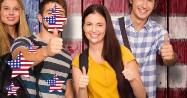 Amerikan bayrağıyla renklendirilmiş yıldızlar üzerinde gülümseyen arkadaşların animasyonu. Vatanseverlik ve kutlama konsepti dijital olarak oluşturulmuş video.