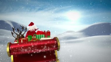 Noel Baba 'nın kızakta Noel hediyeleri ve kış manzarasına yağan karla canlandırılması. Noel, gelenek ve kutlama konsepti dijital olarak oluşturuldu.