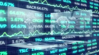Ekranlarla finansal veri işleme animasyonu. küresel iş, finans, dijital arayüz ve dijital olarak oluşturulmuş veri işleme kavramı.