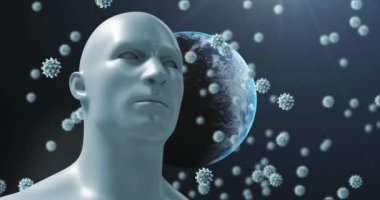 İnsan büstü ve Dünya gezegeninin üzerinde yüzen kovid 19 hücrenin animasyonu. küresel covid 19 salgın, ilaç ve sağlık konsepti dijital olarak oluşturulmuş video.