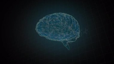 Matematiksel denklemlerin animasyonu, insan beyninin dijital modeli üzerinden siyah arkaplanda. küresel eğitim, bilim, dijital arayüz ve dijital olarak üretilen video konsepti.