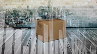 Karton kutu ve şehir manzarası üzerinde istatistik işleme animasyonu. küresel gönderim ve bağlantılar konsepti dijital olarak oluşturulmuş video.