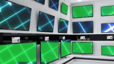 Sanal pazartesi metninin animasyonu dükkan ekranında birden fazla düz ekran TV 'de gösteriliyor. eğlence ve akıllı teknoloji sektörü ve perakende konsepti dijital olarak oluşturulmuş video.