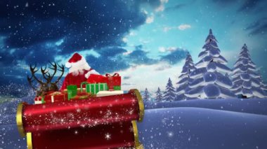 Noel Baba 'nın kızakta Noel hediyeleri ve kış manzarasına yağan karla canlandırılması. Noel, gelenek ve kutlama konsepti dijital olarak oluşturuldu.