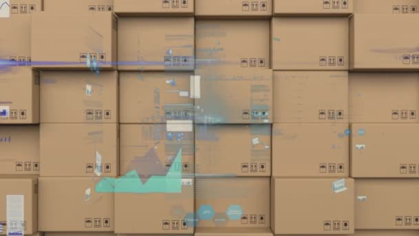 Animáció Statisztikák Feldolgozása Kartondobozokon Keresztül Globális Hajózási Kapcsolódási Koncepció Digitálisan — Stock videók