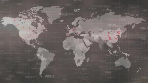 在世界地图上动画系数为19的单元格和数据处理 全球联盟19大流行病 医药和保健概念数码视频 — 图库视频影像