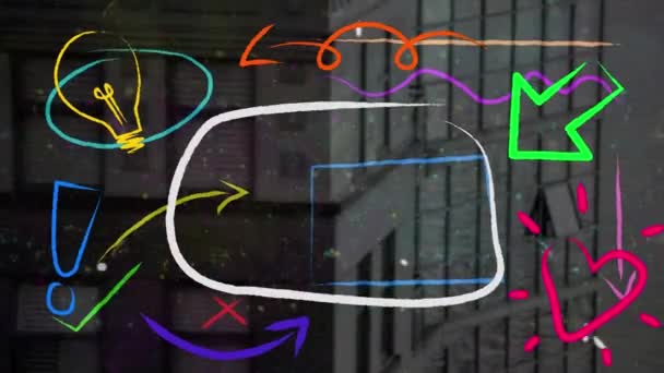 Animación Iconos Colores Formas Sobre Paisaje Ciudad Negocio Redes Conexiones — Vídeo de stock