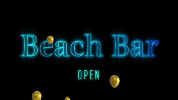 Κινούμενο Κείμενο Beach Bar Ανοιχτό Μπλε Νέον Χρυσά Μπαλόνια Μαύρο — Αρχείο Βίντεο