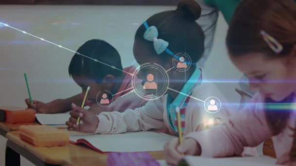Animación Redes Conexiones Sobre Escolares Profesores Aula Educación Global Interfaz — Vídeo de stock
