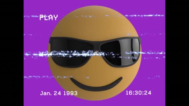 스크린 소음으로 선글라스 이모티콘 애니메이션 글로벌 미디어와 커뮤니케이션 개념은 디지털로 — 비디오