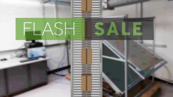 Animatie Van Flash Sale Tekst Kartonnen Dozen Transportband Global Delivery — Stockvideo