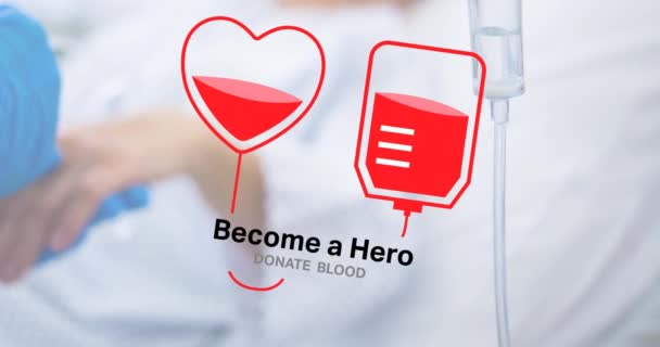 血液サンプルを採取した医師に血液テキストを寄付するヒーローになるのアニメーション 世界中の医療 テクノロジーの概念をデジタルで生成し — ストック動画