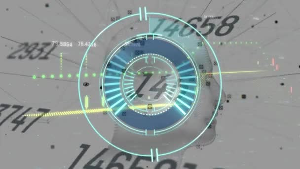 Animatie Van Circulaire Scanner Met Countdown Grafiek Gegevensverwerking Grijs Global — Stockvideo