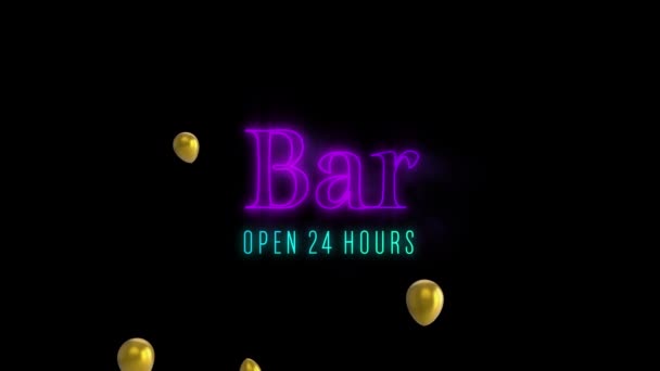 Animação Barra Texto Néon Roxo Azul Aberta Horas Com Balões — Vídeo de Stock