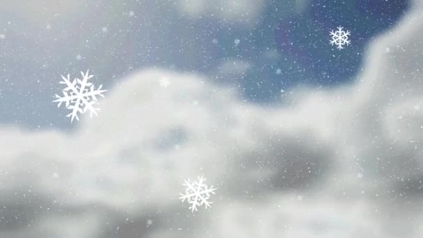 Animación Nieve Cayendo Sobre Nubes Cielo Azul Navidad Invierno Celebración — Vídeos de Stock