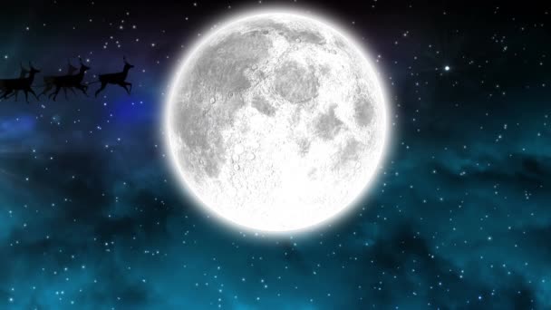 雪橇上的桑塔爪与驯鹿在月亮和流星上的动画 圣诞节和数字制作的视频庆祝概念 — 图库视频影像