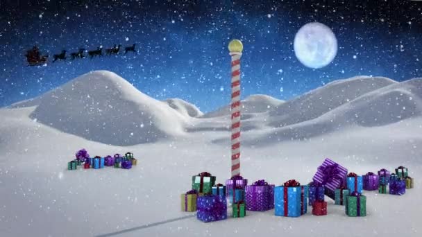 Animatie Van Kerstman Slee Met Rendieren Boven Noordpool Kerstcadeau Maan — Stockvideo