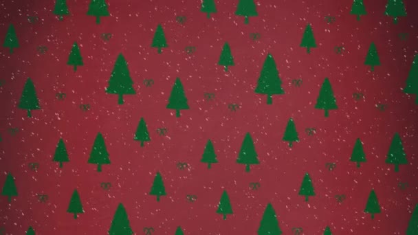 Animation Snow Falling Green Fir Trees Red Background Christmas Celebration — Stock Video