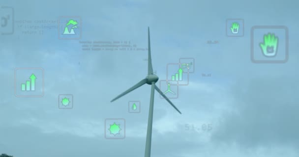 風力タービン上のデジタルアイコンとデータ処理のアニメーション 世界中のデジタルインターフェース データ処理 テクノロジーの概念デジタル生成ビデオ — ストック動画