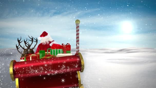 Animatie Van Kerstman Slee Met Kerstcadeaus Sneeuw Vallen Het Winterlandschap — Stockvideo