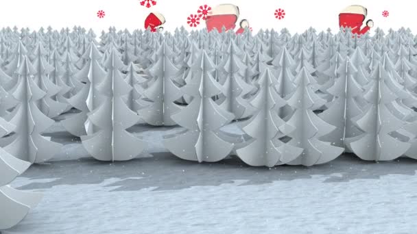 Animation Von Schnee Und Weihnachtsmannhüten Die Über Weiße Bäume Wald — Stockvideo