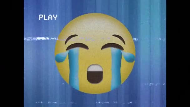 Animacja Smutnej Ikony Emoji Nad Ekranem Odtwarzania Zakłóceniami Globalne Media — Wideo stockowe