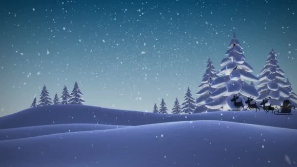Noel Baba Nın Kızaktaki Animasyonu Ren Geyikleri Kış Manzarası Üzerinden — Stok video