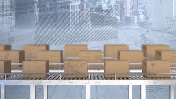 Animation Statistics Processing Cardboard Boxes Conveyor Belts Cityscape Global Shipping — Stock Video