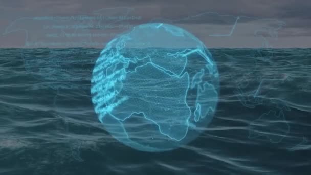 海の上を回転する地球のアニメーション グローバルソーシャルメディア接続デジタルインターフェースの概念デジタル生成ビデオ — ストック動画