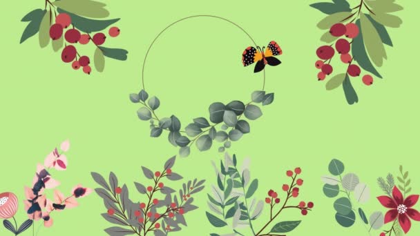 Animation Foliage Flowers Red Berries Central Ring Butterfly Green Background — Stock Video