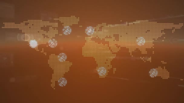 Κινούμενο Σχέδιο Παγκόσμιου Χάρτη Δίκτυο Συνδέσεων Και Επεξεργασίας Δεδομένων Πορτοκαλί — Αρχείο Βίντεο