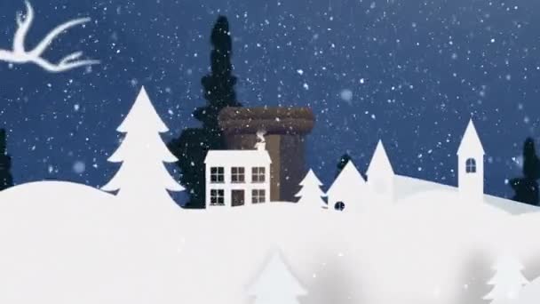 房屋和森林上飘雪的动画 圣诞节 传统和庆祝概念数字制作的视频 — 图库视频影像