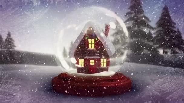 Animación Caída Nieve Bola Nieve Vidrio Sobre Paisaje Invierno Navidad — Vídeos de Stock