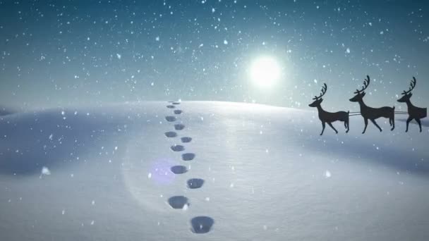 雪橇上的圣爪动画 驯鹿穿过雪地的冬季风景 圣诞节 传统和庆祝概念数字制作的视频 — 图库视频影像