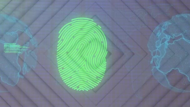 Animatie Van Biometrische Vingerafdrukgegevensverwerking Netwerk Van Verbindingen Donkere Achtergrond Wereldwijde — Stockvideo