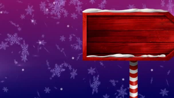 コピースペース付きのクリスマスの木製の看板に落ちる雪のアニメーション クリスマスとお祝いのコンセプトデジタル生成ビデオ — ストック動画