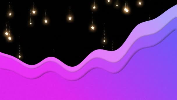 Animation Von Violetten Wellen Über Fallenden Glühenden Sternen Auf Schwarzem — Stockvideo