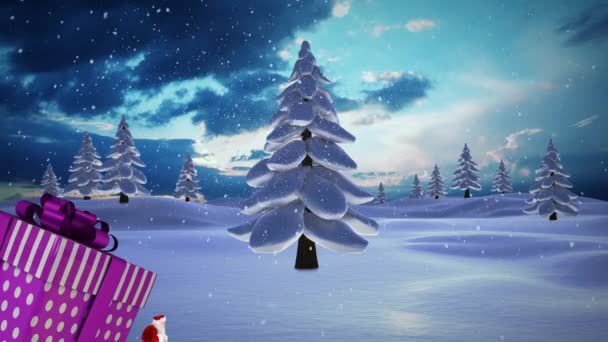 Animacja Świętego Mikołaja Niosąca Ogromny Prezent Świąteczny Śnieg Padający Zimowym — Wideo stockowe