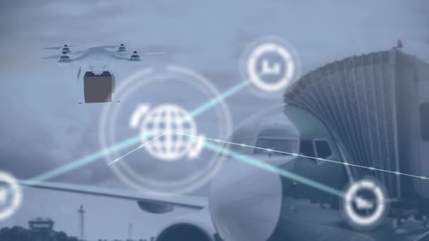 Animation Von Verbindungsnetzen Und Digitaler Drohne Über Flugzeug Globale Soziale — Stockvideo