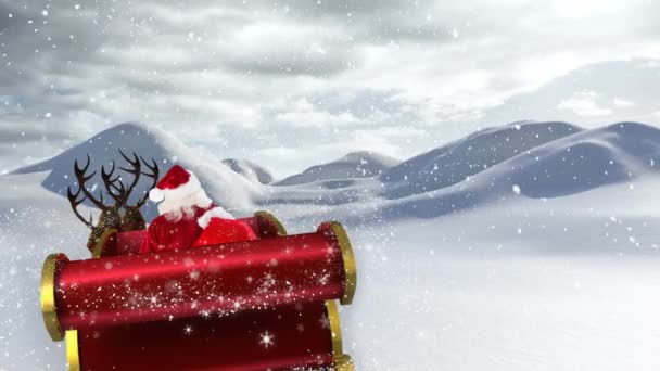 Animación Santa Claus Trineo Con Regalos Navidad Nieve Cayendo Paisaje — Vídeo de stock