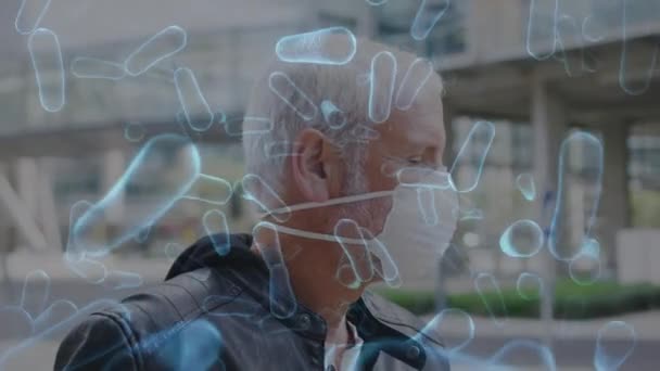 Animatie Van Covid Cellen Bewegen Man Het Gezicht Masker Global — Stockvideo