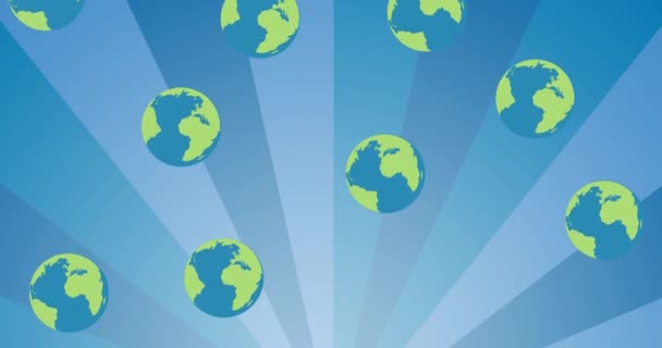 Animation Multiple Falling Globes Blue Striped Background Global Conservation Green — Stock Video