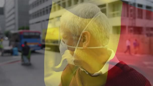 Animation Flaggan Belgium Viftar Över Människan Ansiktsmasker Globalt Covid Koncept — Stockvideo