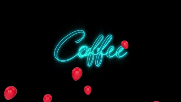 黒い背景に赤い風船で青いネオンの文字でテキストコーヒーのアニメーション — ストック動画