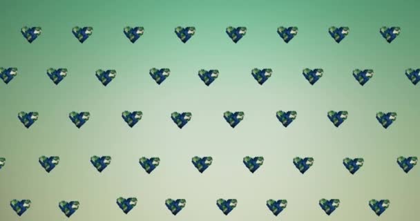 Animation Multiple Heart Shaped Globes Moving Green Background Global Conservation — Stock Video