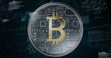 Dijital kilit oluşturan veri dosyalarıyla bir bitcoin 'in ön görünümü ve rastgele hareket eden dijital kodlar.