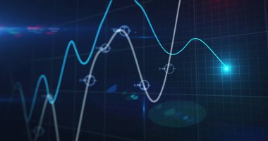 Finansal veri işleme hatlarının üzerinde dönen dürbünlü 5G metin resmi. küresel finansman ağı dijital arayüz konsepti dijital olarak oluşturulmuş görüntü.