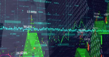 Modern şehir manzarası üzerinde finansal veri işleme resmi. küresel işletme ve finansman kavramı dijital olarak oluşturulmuş görüntü.