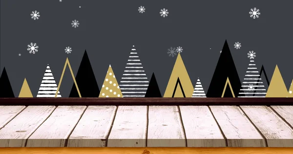 Imagen Árboles Navidad Nieve Cayendo Con Superficie Madera Sobre Fondo — Foto de Stock